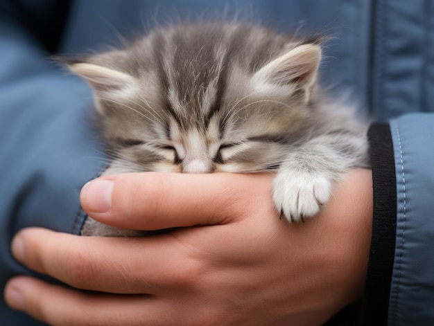 Foto un gato acunado por un dueño amoroso