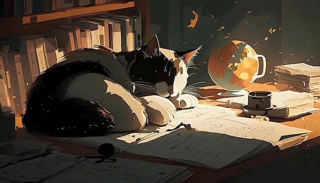 Un gato acurrucado con un libro ilustración de arte digital del día mundial del libro