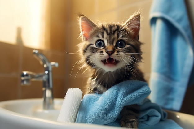 Gato adorable y alegre en el baño, cepillo de dientes en la pata, listo para limpiar los dientes AI