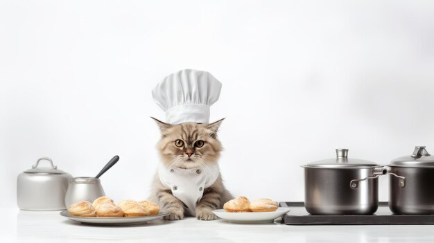 Un gato adorable en un delantal horneando un pastel con espacio de copia en un fondo de cocina blanco borroso