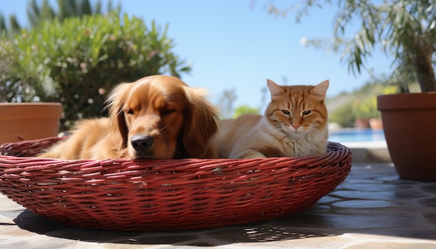 Un gato adorable y un perro fiel disfrutando de una siesta serena juntos en un brillante día de verano en casa