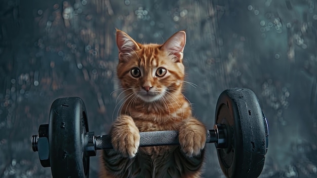 Un gato adorable con pesas en un gimnasio