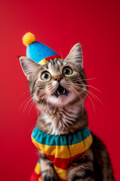 Gato adorável com chapéu de palhaço e roupas de festival em fundo vermelho de estúdio