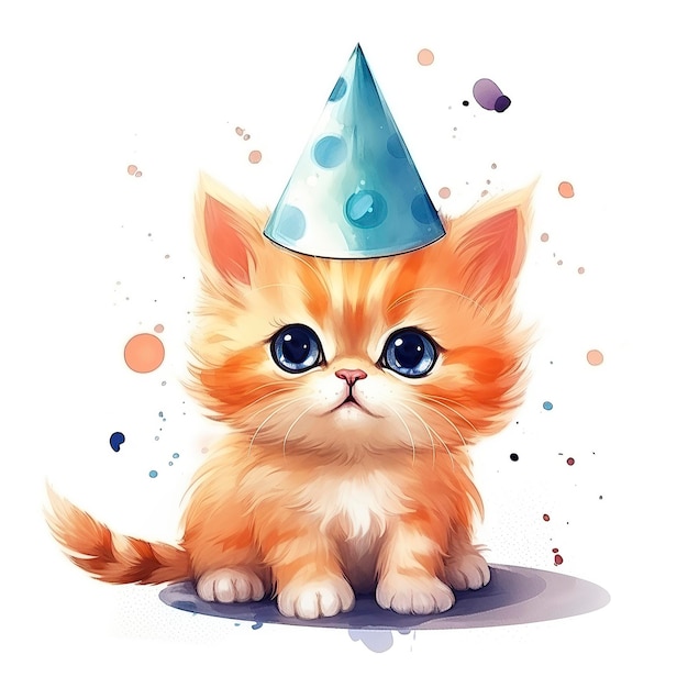 Gato adorável e bonito usando um chapéu de aniversário com olhos enormes