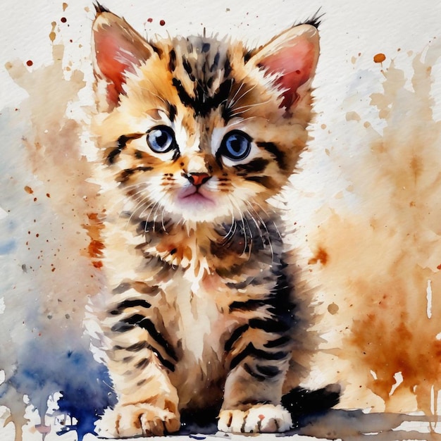 Gato adorável em aquarela com olhos curiosos