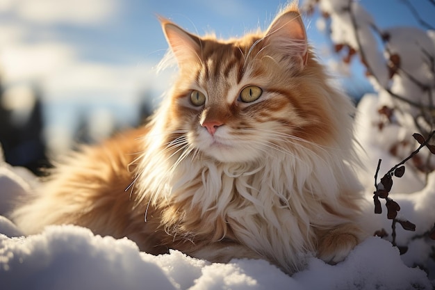 Gato adulto esponjoso sentado en la nieve mirando hacia otro lado Hermoso día soleado de invierno