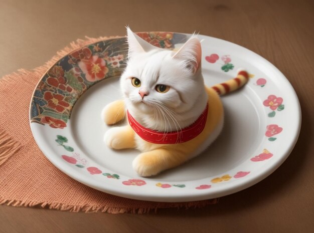 Foto el gato afortunado de alto ángulo en el plato