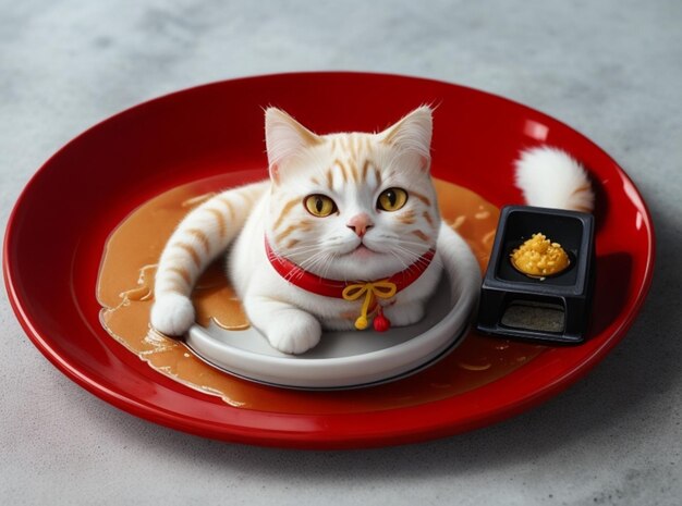 Foto el gato afortunado de alto ángulo en el plato