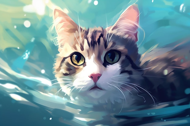 Un gato en el agua con un fondo azul.