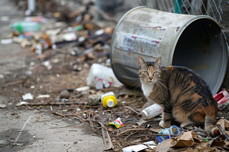Gato al lado de un cubo de basura volcado esparcido por todas partes