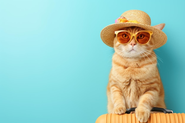 Foto gato al revés con gafas y sombrero en un fondo colorido ia generativa