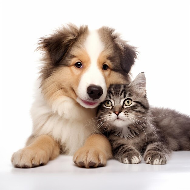 Foto gato alegre e cachorrinho em branco