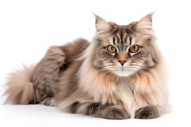 Gato alemán de pelo largo sobre fondo blanco IA generativa