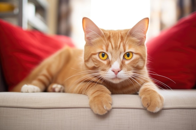 Un gato amarillo con nariz blanca y ojos amarillos.