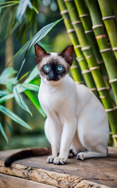 Foto el gato amarillo está sentado bajo los árboles de bambú.