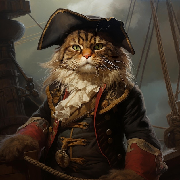 Gato amigo peludo con temática pirata con ilustración de sombrero pirata