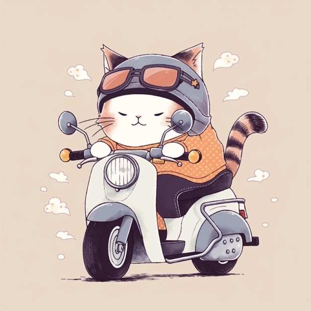gato andando de motocicleta ilustração de personagem catoon