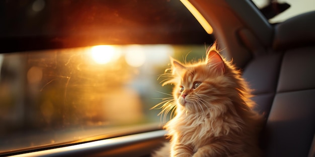 Gato andando no carro e olhando pela janela do carro conceito de viagem IA generativa