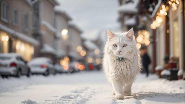 gato andando pela rua nevada no inverno