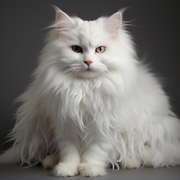 un gato de angora blanco sobre un fondo blanco