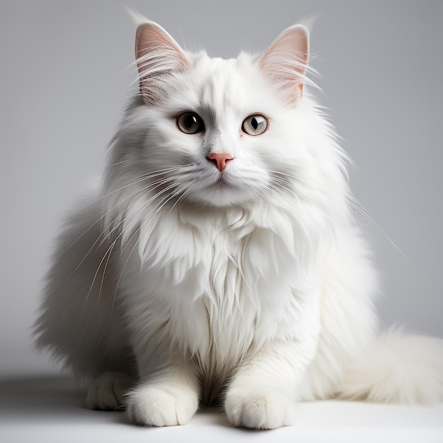 un gato de angora blanco sobre un fondo blanco