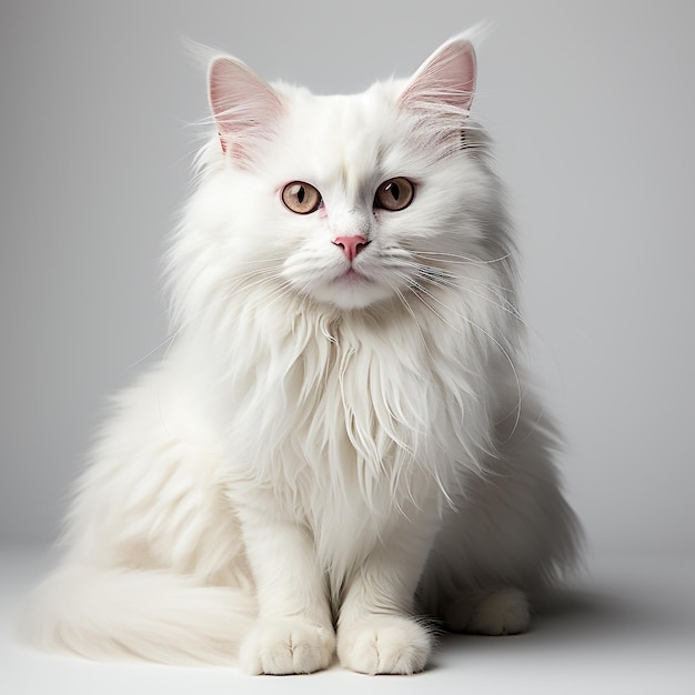 un gato de angora blanco sobre un fondo blanco