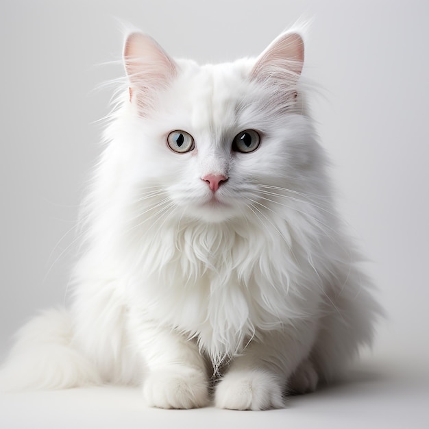 un gato de angora blanco sobre un fondo blanco