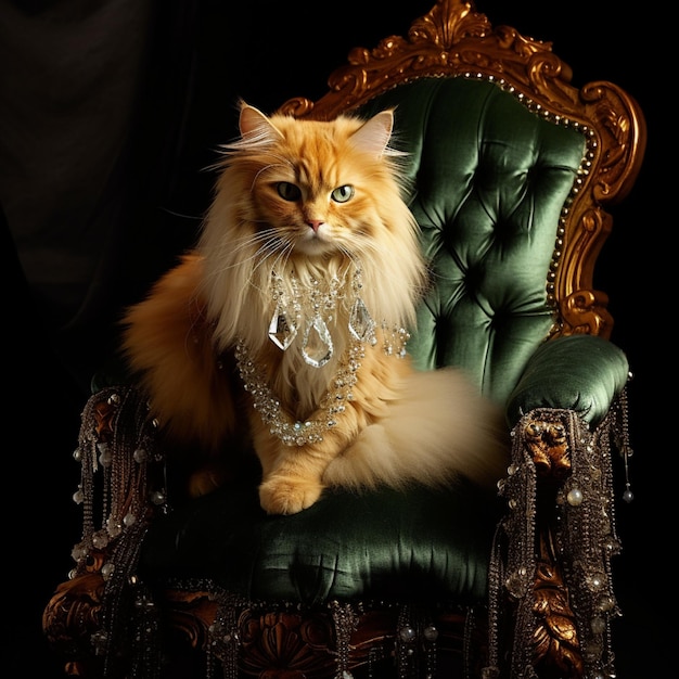 Foto gato angora turco tabby naranja sentado en un trono con apliques de diamantes amarillos