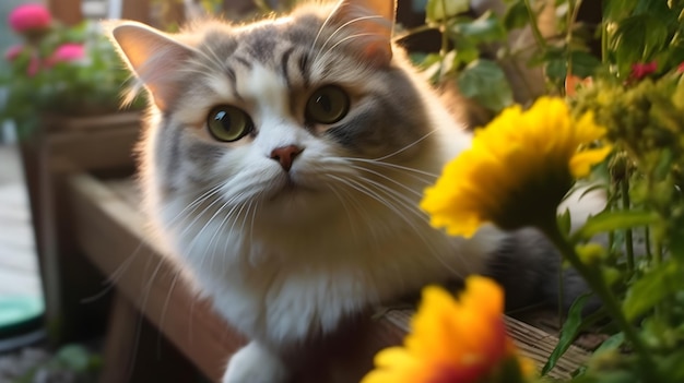 gato anidado al lado de un jardín sus ojos entrecerrados como se toma en el olor de las flores