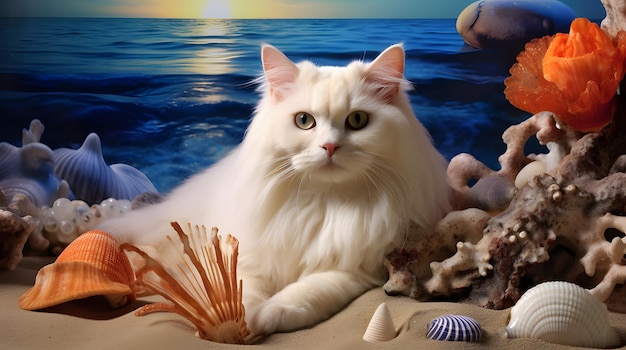 un gato anidado entre conchas marinas y castillos de arena disfrutando de la playa