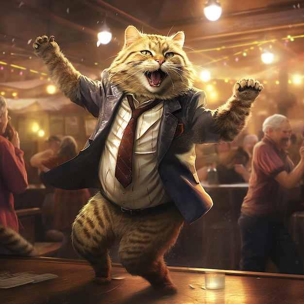 gato animal antropomórfico bailando en la pista de baile en un bar