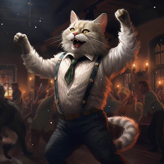 gato animal antropomórfico bailando en la pista de baile en un bar