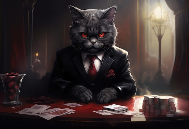 Gato animal jugando al póquer de blackjack en un casino