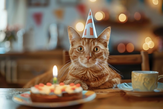 Gato aniversário ginger gato em boné senta-se na mesa ao lado do bolo com vela cuidado e amor por animais de estimação