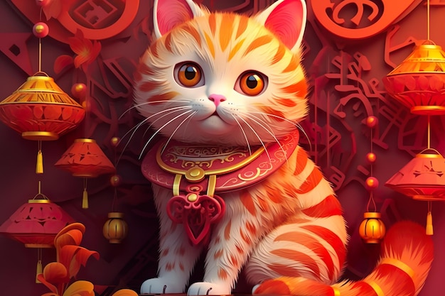 gato de año nuevo chino en vestido rojo tradicional generativo ai