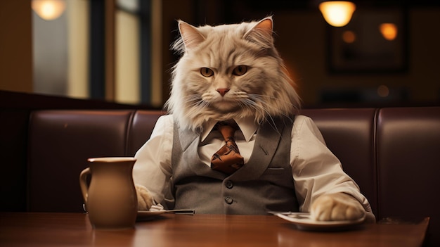 Un gato antropomórfico con una chaqueta clásica sentado en un café como una persona generada con IA
