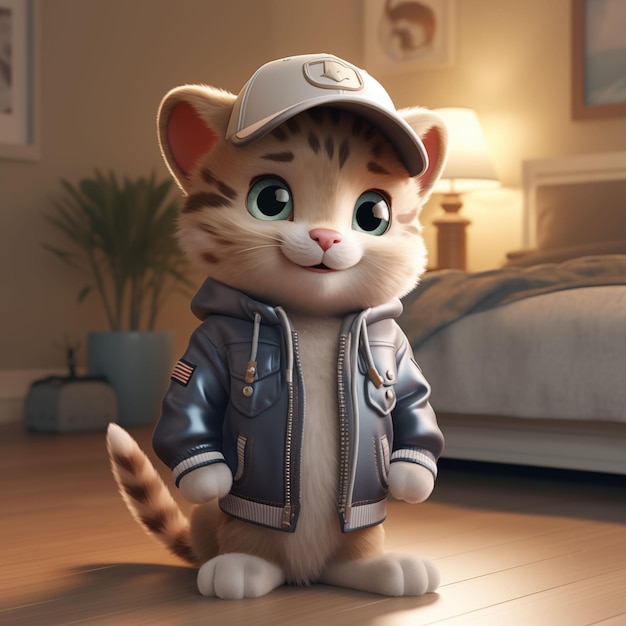 Gato antropomórfico con chaqueta y gorra generado con IA