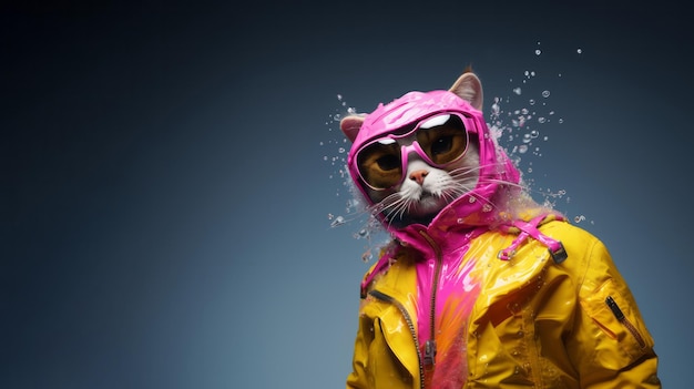 Gato antropomórfico futurista ciberpunk con impermeable amarillo y capucha rosa Concepto de fantasía