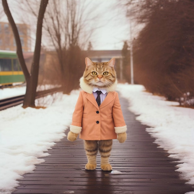 Gato antropomórfico en un paisaje de invierno de estilo retro IA generativa