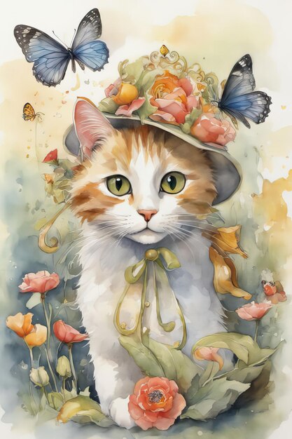 Gato aquarelado entre flores Uma encantadora pintura de um gato cercado por flores vibrantes