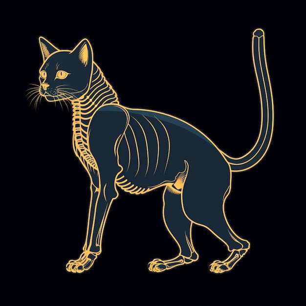 gato arafado con cuerpo esquelético en fondo negro con contorno amarillo generativo ai