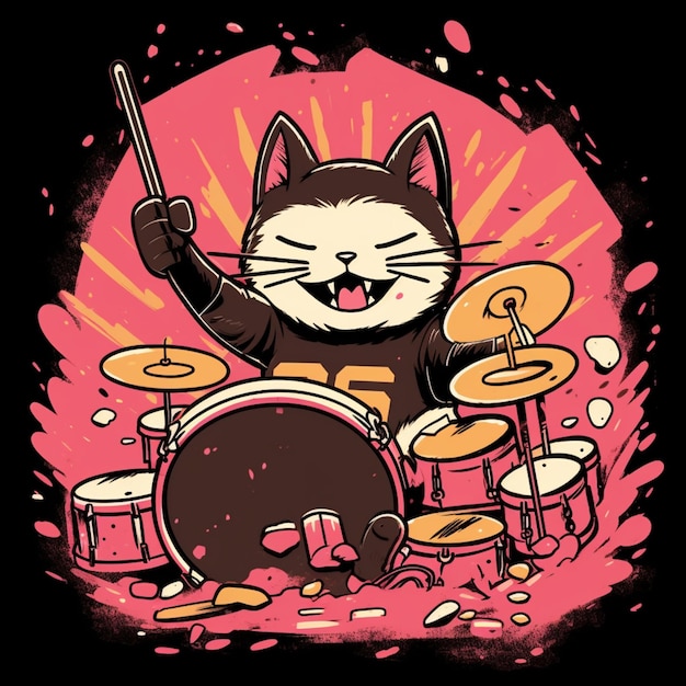 gato arafed tocando la batería con una batería frente a un fondo rosa ai generativo