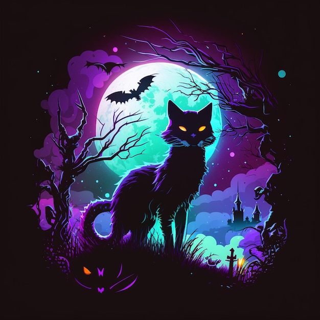 gato araffe en un bosque espeluznante en la noche con un ai generativo de luna llena