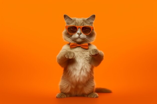 Gato araffe con gafas de sol y pajarita sobre un fondo naranja ai generativo