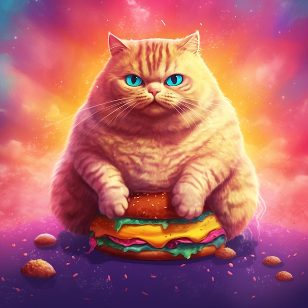 gato araffe sentado en una hamburguesa con ojos azules generativo ai