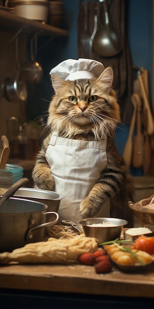 Gato Araffe con sombrero de chef y delantal sentado en una mesa con comida generativa ai