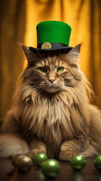 gato araffe con un sombrero verde y adornos verdes generativo ai