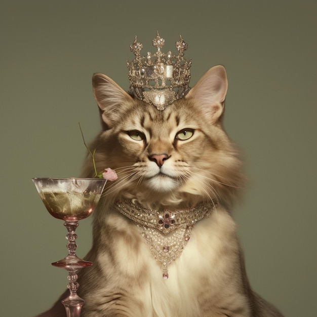 gato araffe con tiara y una copa de vino ai generativo