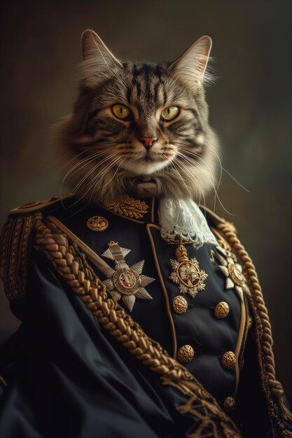 gato araffe en uniforme militar con condecoraciones de oro y un cuello blanco generativo ai