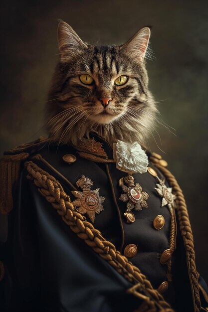 gato araffe en uniforme militar con condecoraciones de oro y plata generativo ai